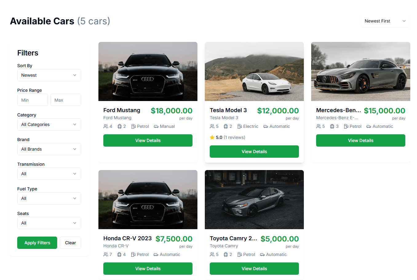 Paul Car Rental website screenshot