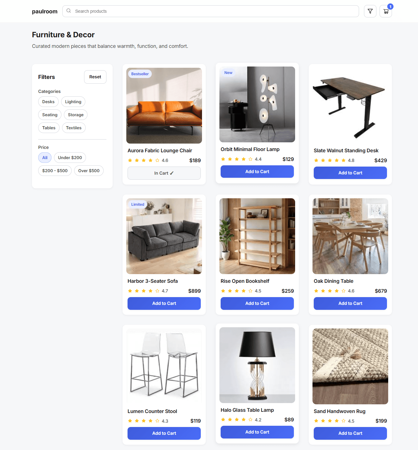 Product Listing Cart e-commerce screenshot